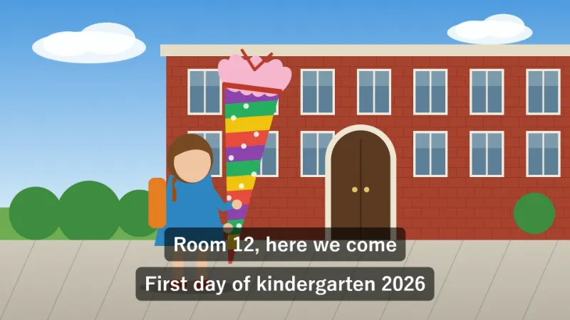 Example: a first-day-of-school clip with a title and three timed captions — After