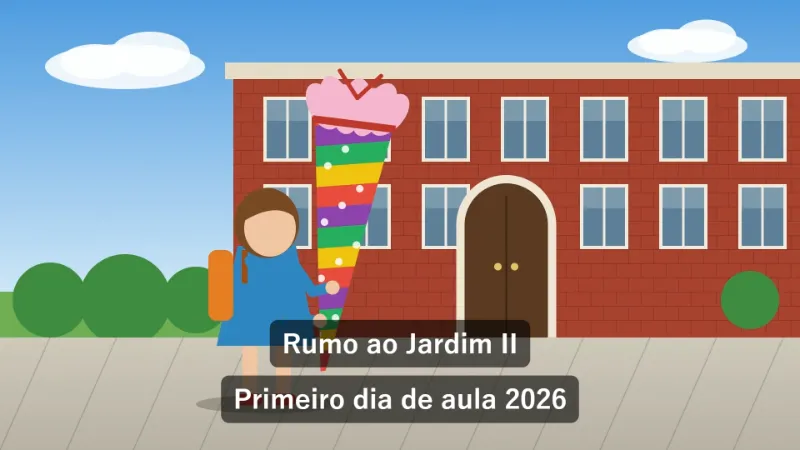 Exemplo: vídeo do primeiro dia de aula com título e três legendas com tempo — Depois