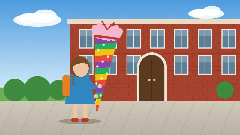 Example: a first-day-of-school clip with a title and three timed captions — Before
